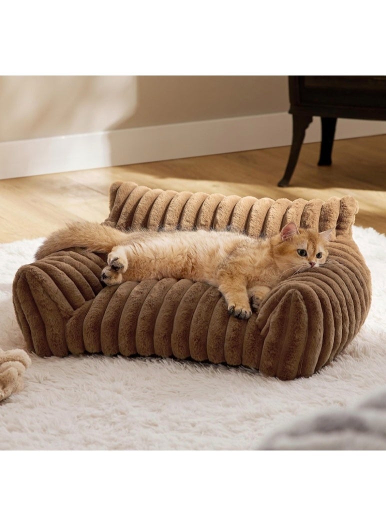 Pet bed - Premium and Adorable Sofa for Pet Cats - Fluffy Cat beds with Luxury High-Quality Corduroy Fabric, Suitable as a Pet Bed for Cats and Small Dogs,  Supportive Pet Sofa, 60cm, Brown - Image 1